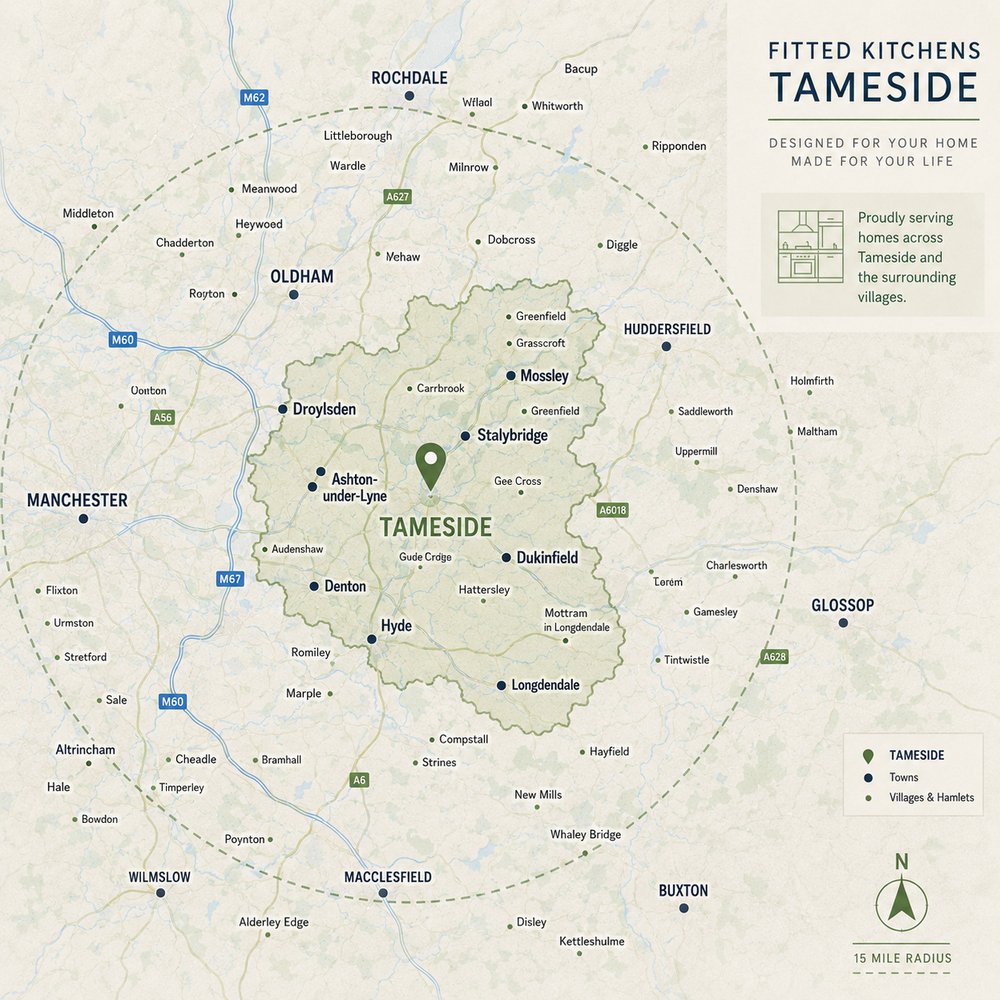 Map showing the Tameside area we cover for fitted kitchens